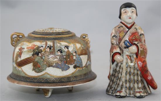 A Japanese Satsuma pottery figure and a similar tripod koro and cover, Meiji period, 10.5cm. diam.